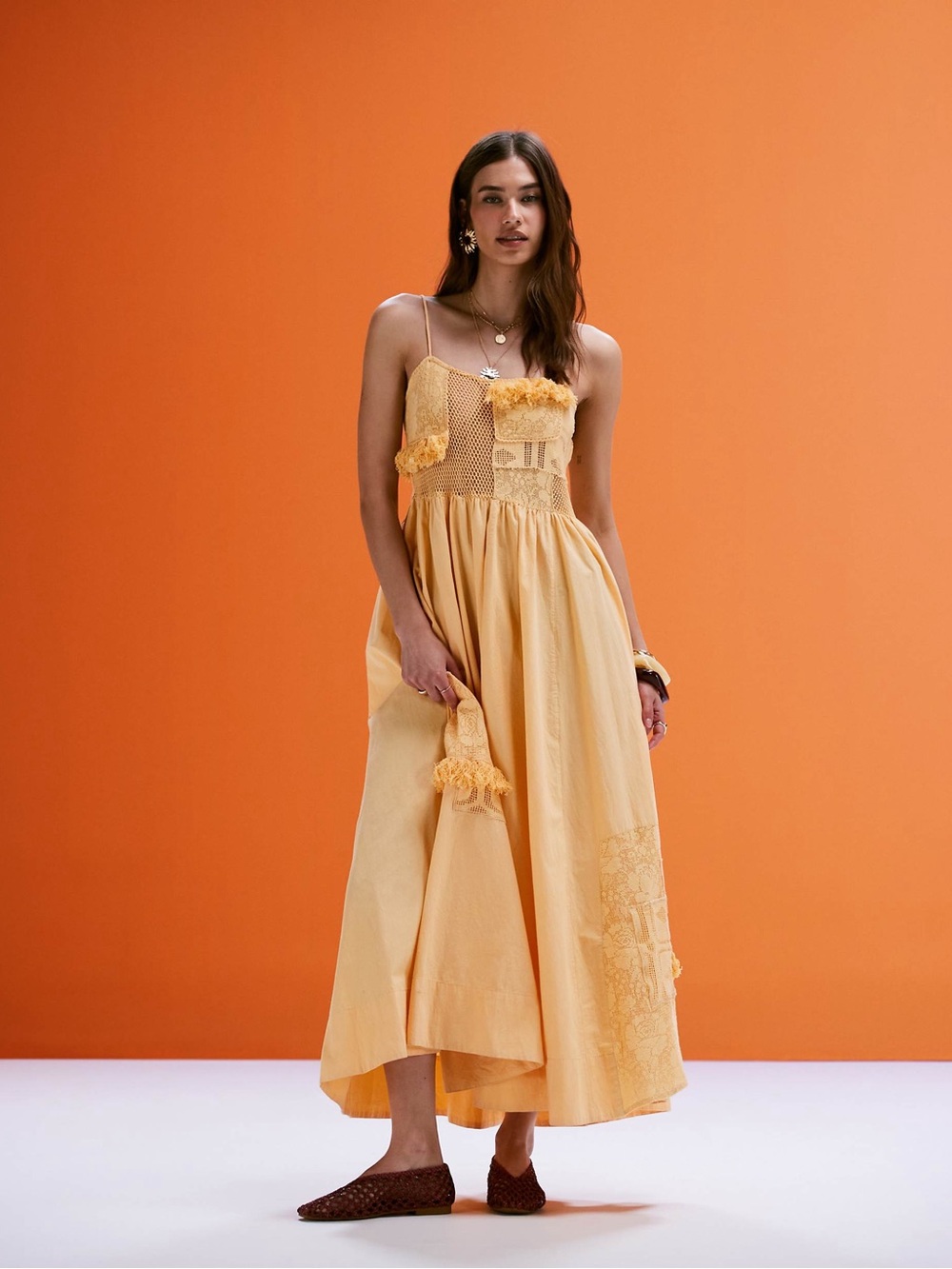 ASOS DESIGN cami lace patchwork midi dress in yellow